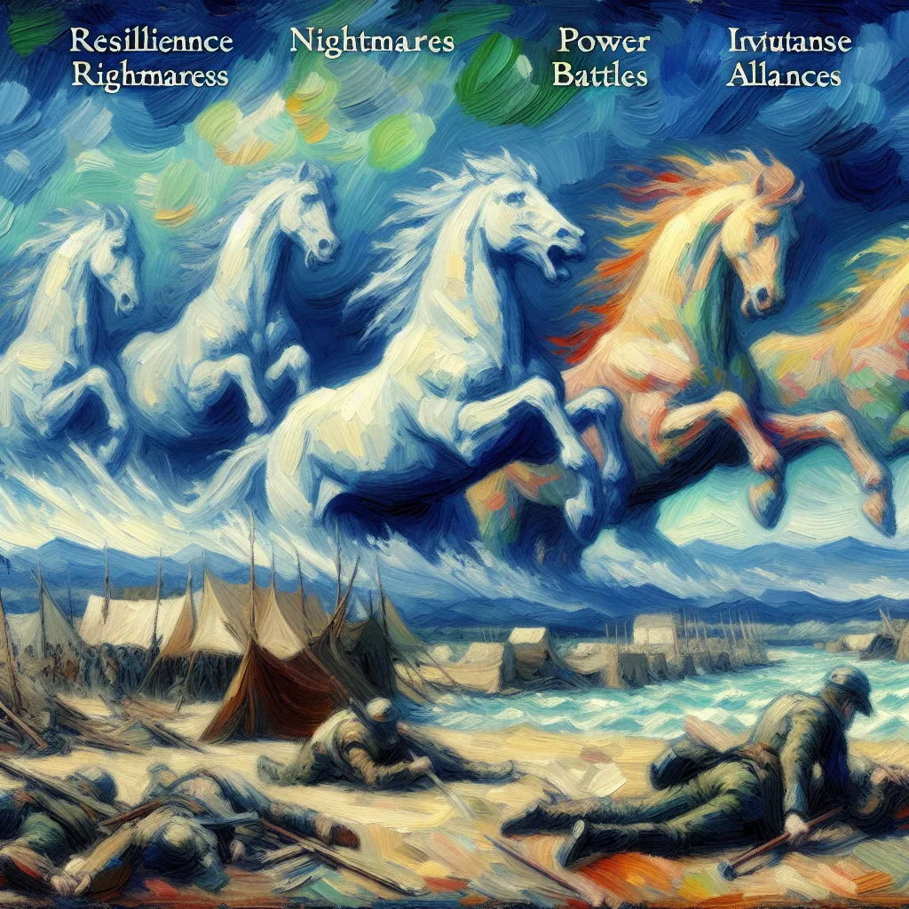 Resilient, Nightmares, Power, Battles, Alliances in the style of Monet
