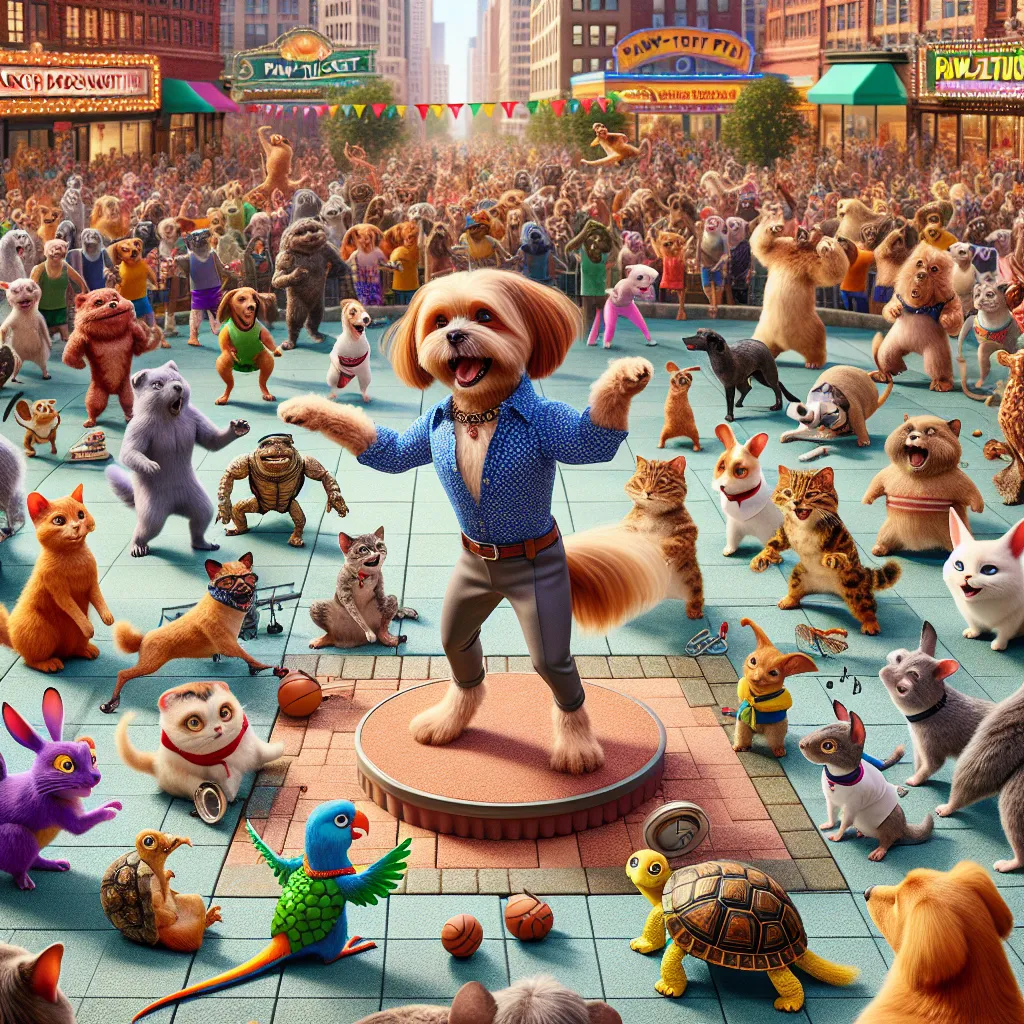 A whimsical and chaotic scene set in Paw-Tucket as pets prepare for the annual Talent Show, featuring body swaps, dramatic rehearsals, and a heartfelt performance by Edie (in Roxie's body) as Barker Dogsworth. The image showcases various pets - a parakeet, a cat, a hamster in a turtle's body, and more - in a bustling city plaza, capturing the essence of friendship and theatrical flair.