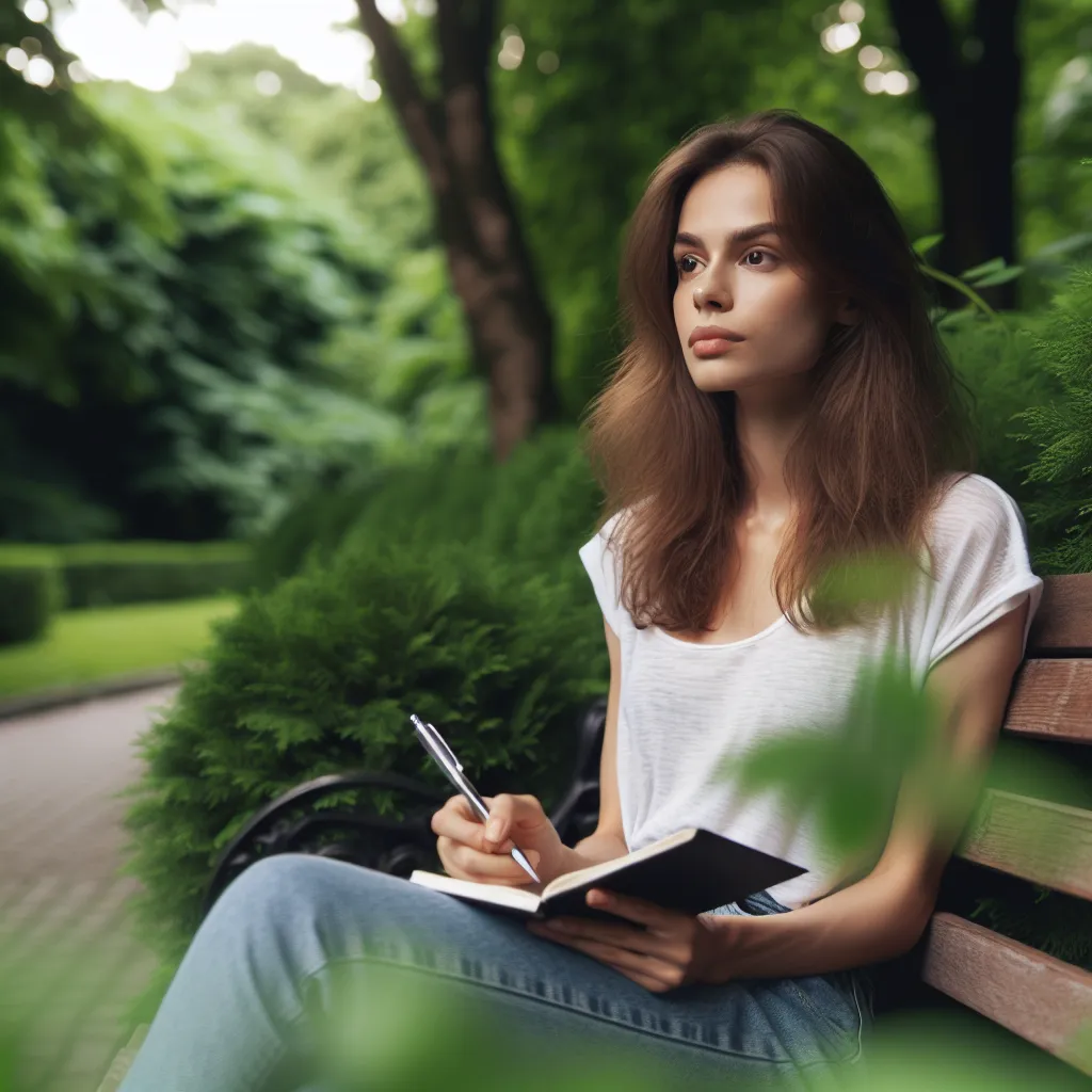 Image description: A young woman sitting on a park bench, looking thoughtful as she gazes into the distance with a notebook and pen in her hands, surrounded by lush greenery and a peaceful ambiance.