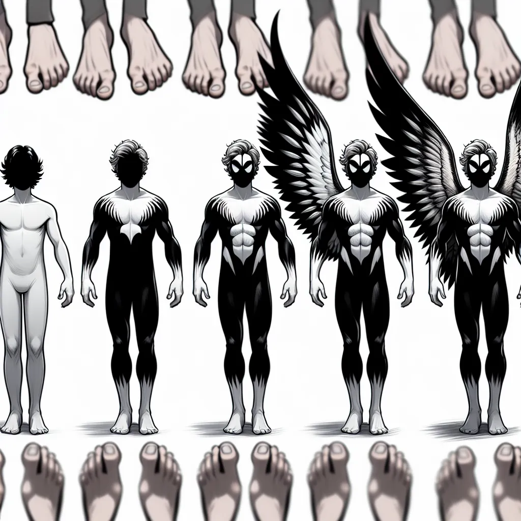 An image to accompany this story could be a close-up illustration of Michael's transformation into Dizzy. It could show the gradual changes in his body, starting with his shrinking feet and ending with the sprouting of Dizzy's iconic black and white wings.