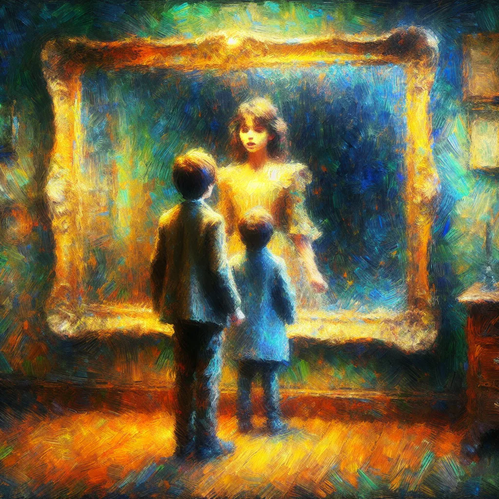 Boy, Transformation, Mirror, Identity, Actress in the style of Monet