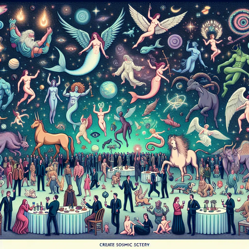 The image accompanying this story will depict a cosmic scene with a tapestry-like background. Various mythical creatures, such as mermaids, centaurs, satyrs, cyclops, seraphim angels, and vampires, will be shown interacting peacefully with humans. The image will convey a sense of awe, wonder, and harmonious coexistence between the different species.