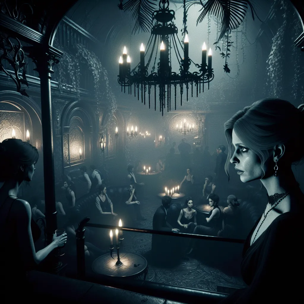 Description: In the dimly lit interior of a gothic nightclub, The Abyss, an evocative atmosphere of shadows and mystery is captured. Black chandeliers cast a seductive glow as patrons engage in a cocktail of decadence and debauchery. Olivia, the owner, observes the scene from her hidden alcove, eyes searching for a glimpse of her missing sister, Emma. A chance encounter with a young woman named Elise raises suspicions and sparks an urgent investigation, leading Olivia and Elise on a journey into