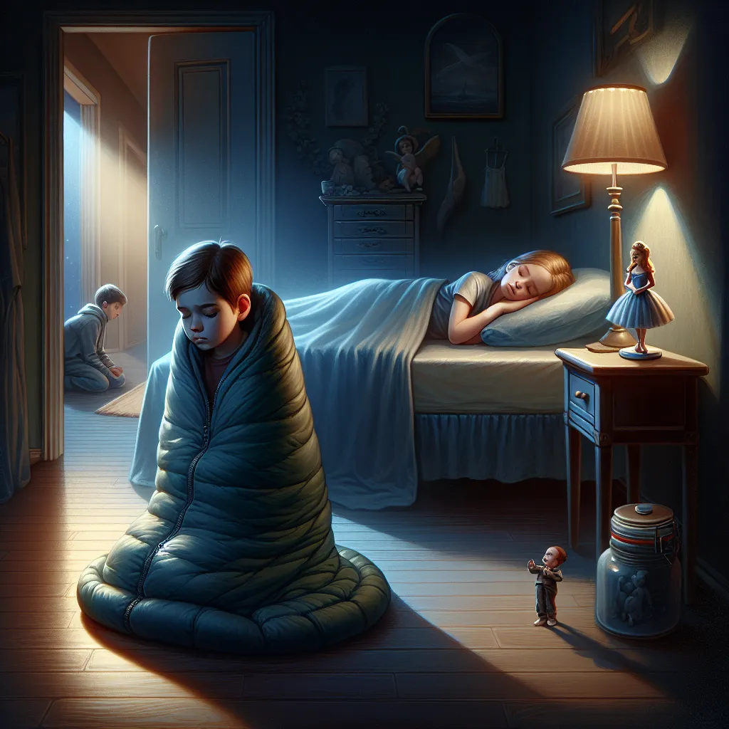 The generated image will depict a young boy named Ethan Rogers in a sleeping bag next to a bed, unable to sleep. His friend Lily Thompson is shown peacefully sleeping in the bed. The image may include dimly lit hallways and a glimpse of a porcelain figurine of a ballerina on a coffee table.