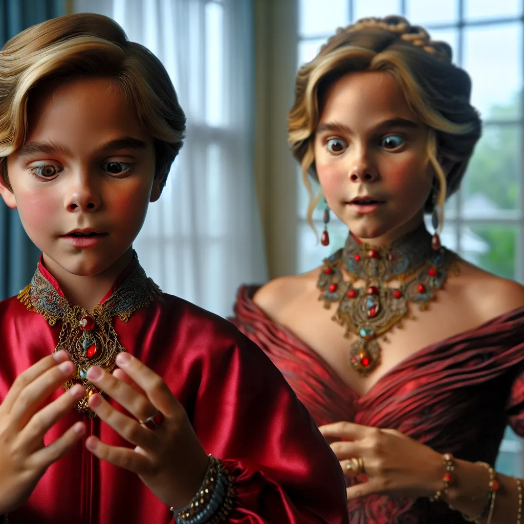 A detailed story of a young boy named Riley who transforms into his friend's Mexican mother, Maria, through a magical sequence in her house. The image will capture the pivotal moment as Riley-turned-Maria, in a red silk dress and distinctive jewelry, gazes bewilderedly at her hands.