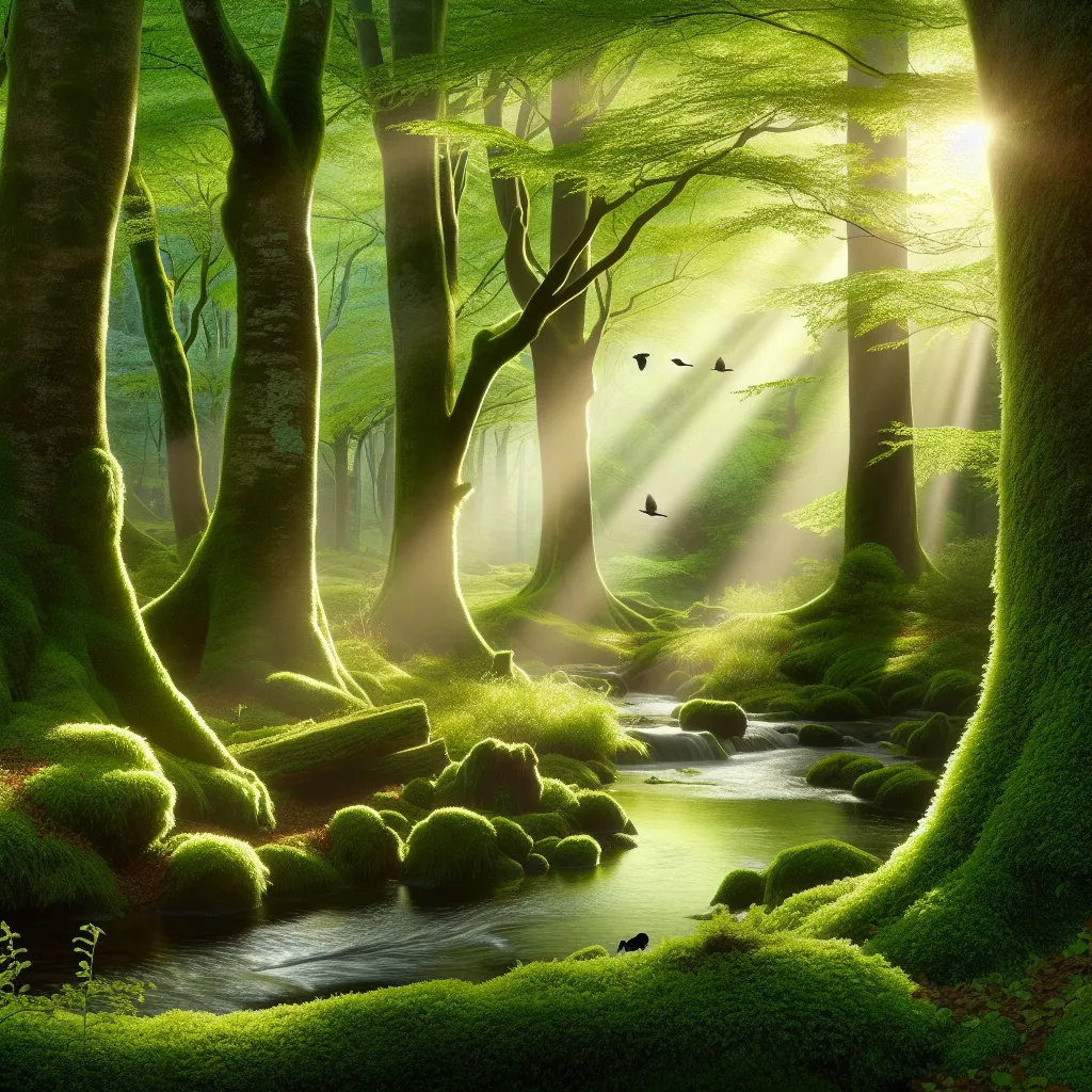 Description: A tranquil forest scene with rays of sunlight filtering through the leaves, casting a gentle glow on moss-covered trees. Birds chirp and a small stream glistens in the background, creating a serene atmosphere.