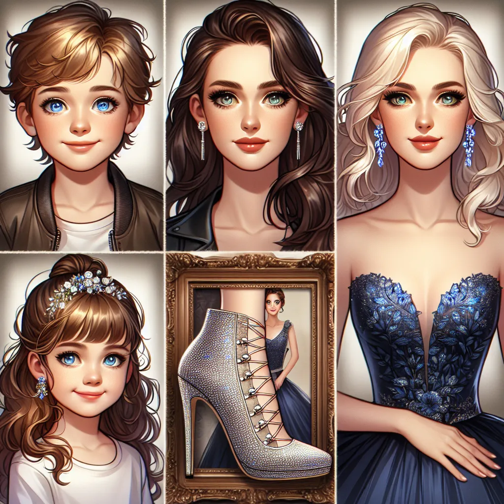 A detailed image of four family members: 5-year-old Benjamin with sparkling blue eyes and light brown wavy hair, his young mom Emily with hazel green eyes and brunette messy ponytail, his grandma Rachel with sharp blue eyes and strawberry blonde loose waves, and his teenage cousin Madison donning a stunning midnight blue prom dress, chestnut curly hair adorned with sparkling hairpins, and silver stilettos with rhinestones.