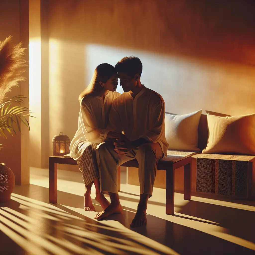 Soft, golden light bathes a quiet, intimate room where a couple shares a moment of tender connection. She is nestled on his lap, their bodies entwined in a warm embrace, as they exist in their own cocoon of love and affection. The atmosphere is a mix of tranquility and tension as they navigate the unspoken desires between them, captured in the play of light and shadows around them.