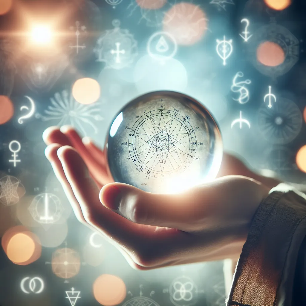 A hand holding a glowing crystal ball, with a blurred background of mystical symbols and soft rays of light.