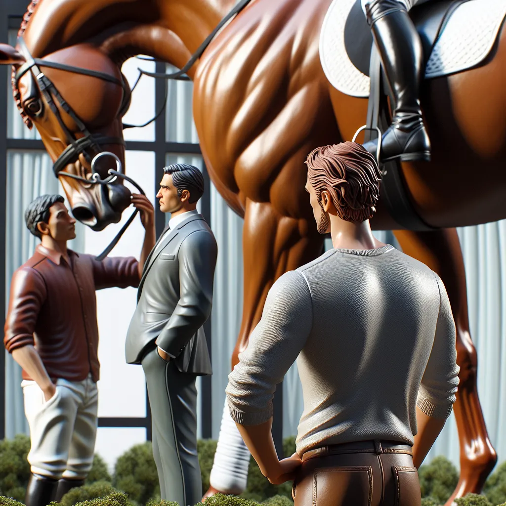 The image accompanying this story depicts a person undergoing a transformative experience, morphing from a man into a chestnut filly racehorse. The image showcases the confusion and pain the person feels as they adapt to their new equine form and are subjected to the demands of a jockey. The focus is on the filly's powerful legs, chestnut fur, and the presence of a saddle and a rider.