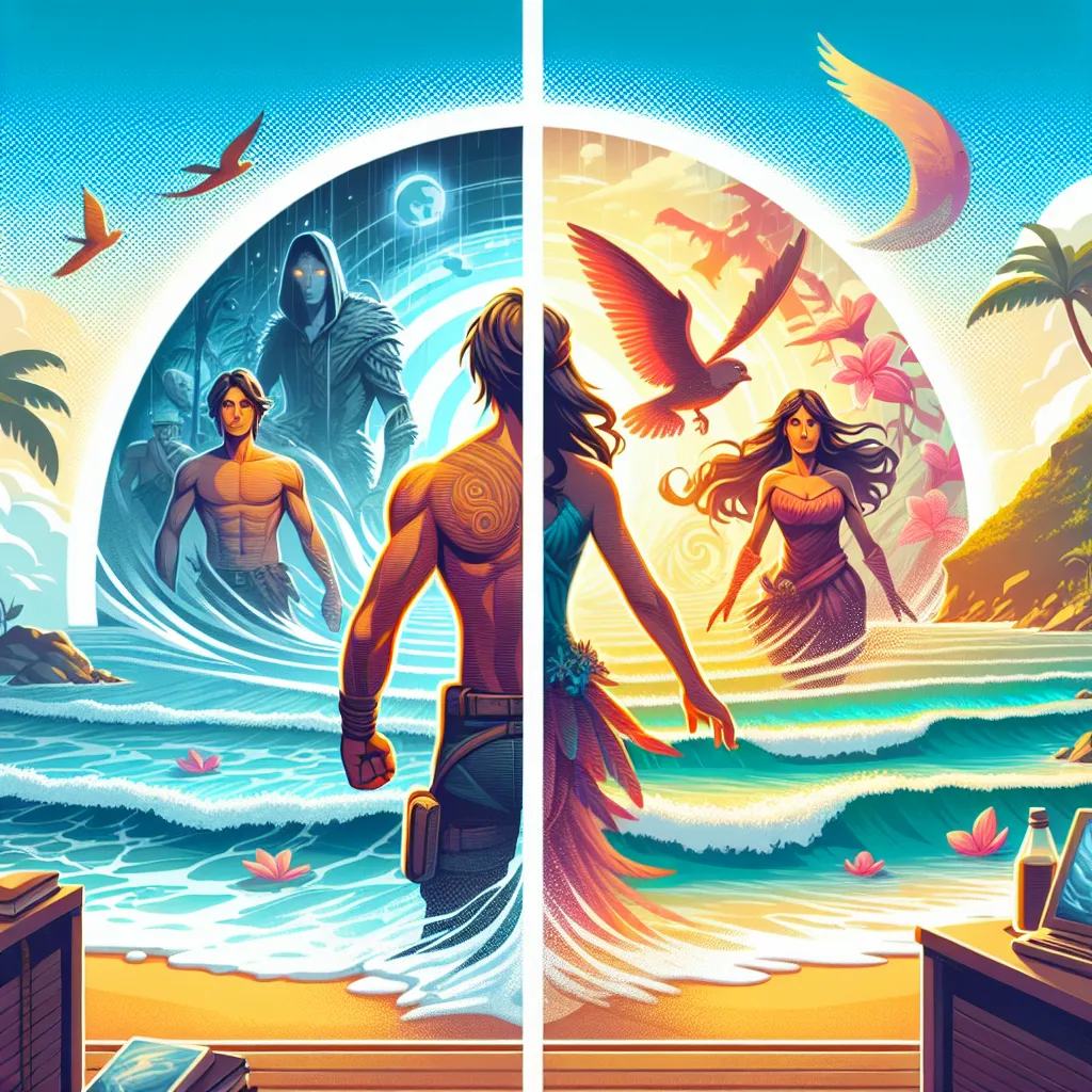 Description: An image representing the transformation and journey of Gilbert and Chelsea into the world of Fiore, as depicted in the story "Stuck in Fiore." The image could show a split-screen with Gilbert on one side, representing his male identity, and Chelsea on the other side, representing her female identity. In the background, a vibrant, animated beach scene can be depicted, symbolizing the adventures and challenges they face in Fiore.