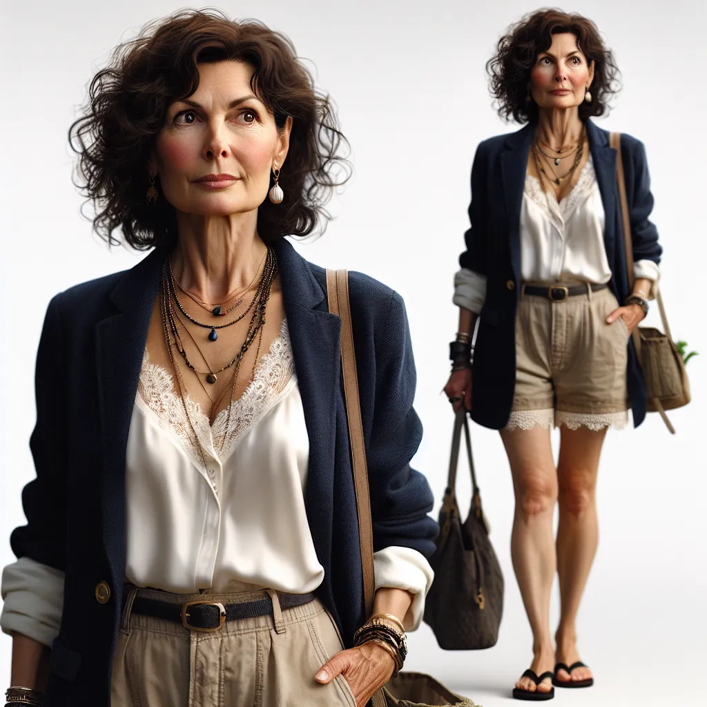 An image of a mature woman in her late 50s with dark curly hair, wearing a navy blue blazer, white silk blouse with lace trim, khaki shorts, and black flip flops. She is wearing six pieces of jewelry and is carrying a purse. She is determined and thoughtful, ready to address a family issue with a sense of responsibility.
