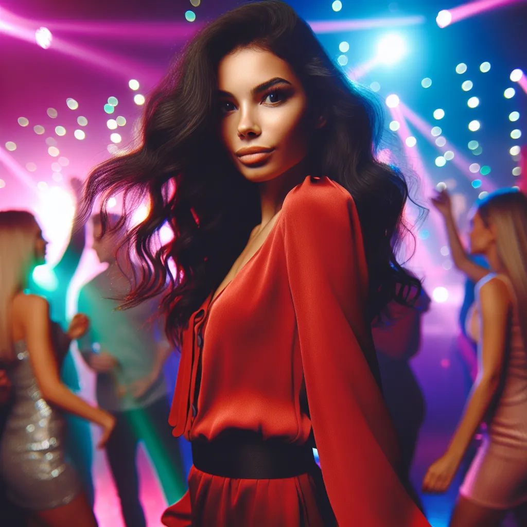 A vibrant image representing a confident young woman named Misha, standing in the pulsating lights of a crowded club. She is wearing a tight red dress, with flowing black curls cascading down her back. Misha exudes a magnetic charm and radiates an air of self-assuredness as she laughs and dances with her friends. The atmosphere is energetic and filled with music, capturing the spirit of a memorable and liberating night out.