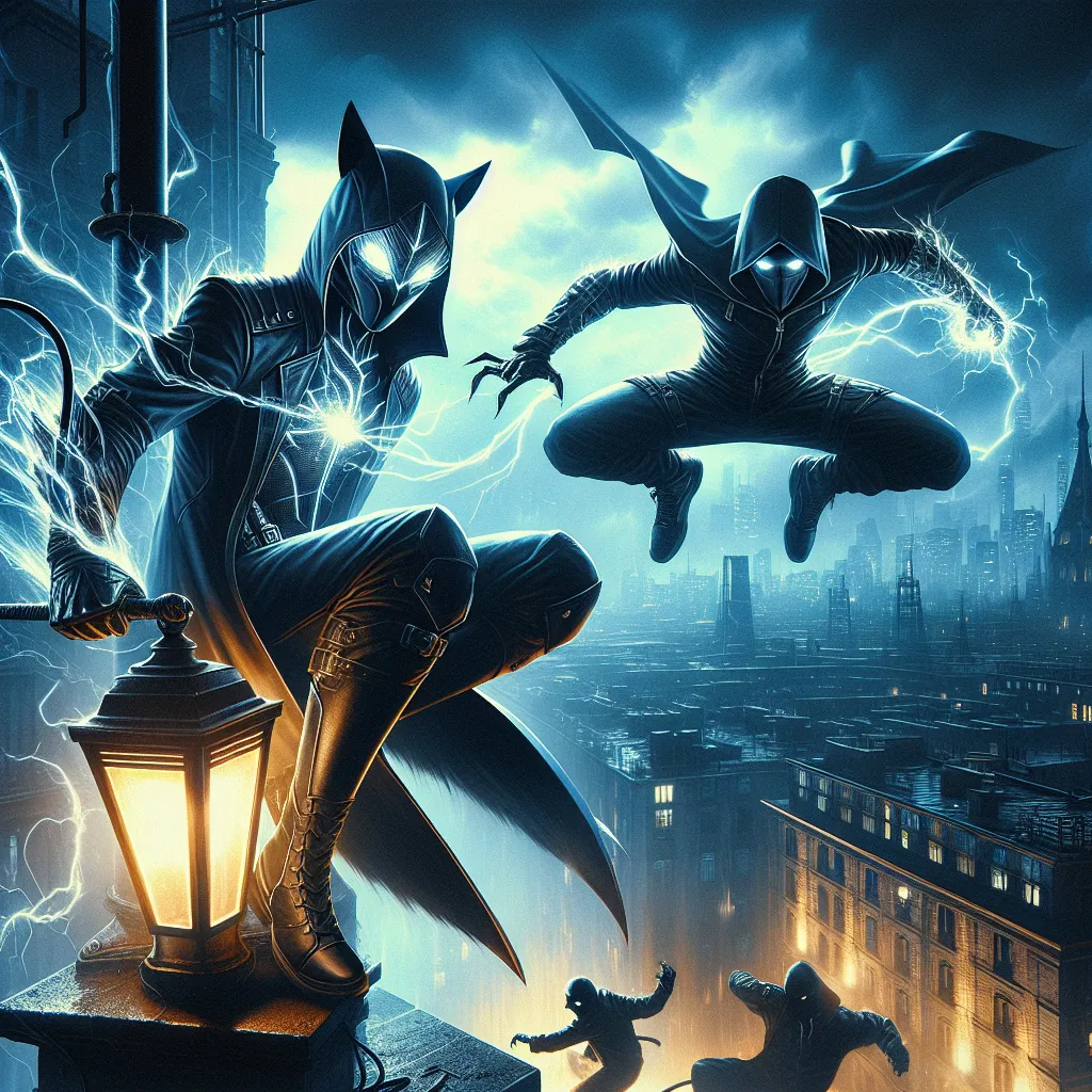 Description: In this dramatic image, a masked superhero known as Fox Kid stands on a lamppost overlooking a dimly lit room. He is dressed in a sleek black suit, with glowing electricity emanating from his hands. Nearby, a femme fatale known as Black Cat, also masked and dressed in a form-fitting black outfit, disarms a group of robbers. There is tension and attraction between the two as they work together, with the city skyline visible in the background.