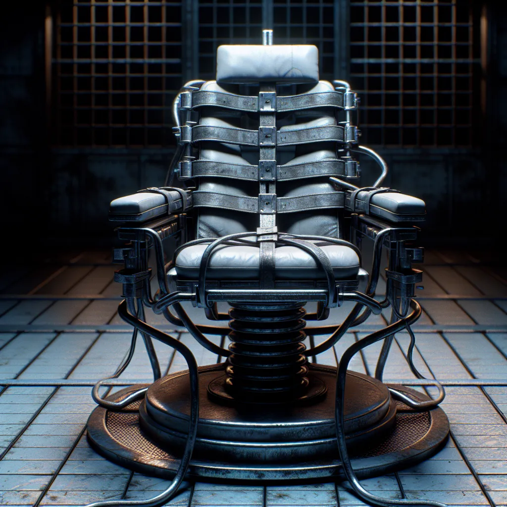 A close-up image of a medical chair with metal restraints, symbolizing the soul exchanger device used in the story "New Body and Gender Dysphoria: The Death of the True Yoshika." The image represents the central plot point of the story where the protagonist, Yoshika, is trapped in the chair while her soul is swapped with that of Air Chief Marshal Trevor Maloney. The dark and sinister nature of the device is captured by the dim lighting and the foreboding atmosphere.