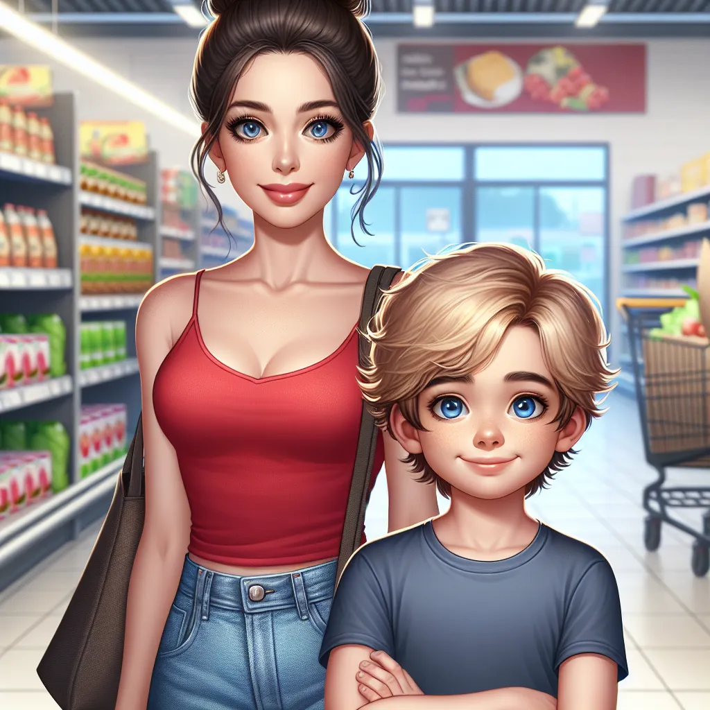 An image of a young boy named Jonathan and a woman named Rosa standing side by side. Jonathan has sandy blond hair and light blue eyes, while Rosa has dark brown hair styled in a bun and dark brown eyes. They both wear casual clothing, with Jonathan in a t-shirt and jeans, and Rosa in a bright red tank top and denim shorts. They are in a grocery store, with Rosa holding a bag of groceries and Jonathan holding a toy gun. The background consists of store shelves stocked with various items.