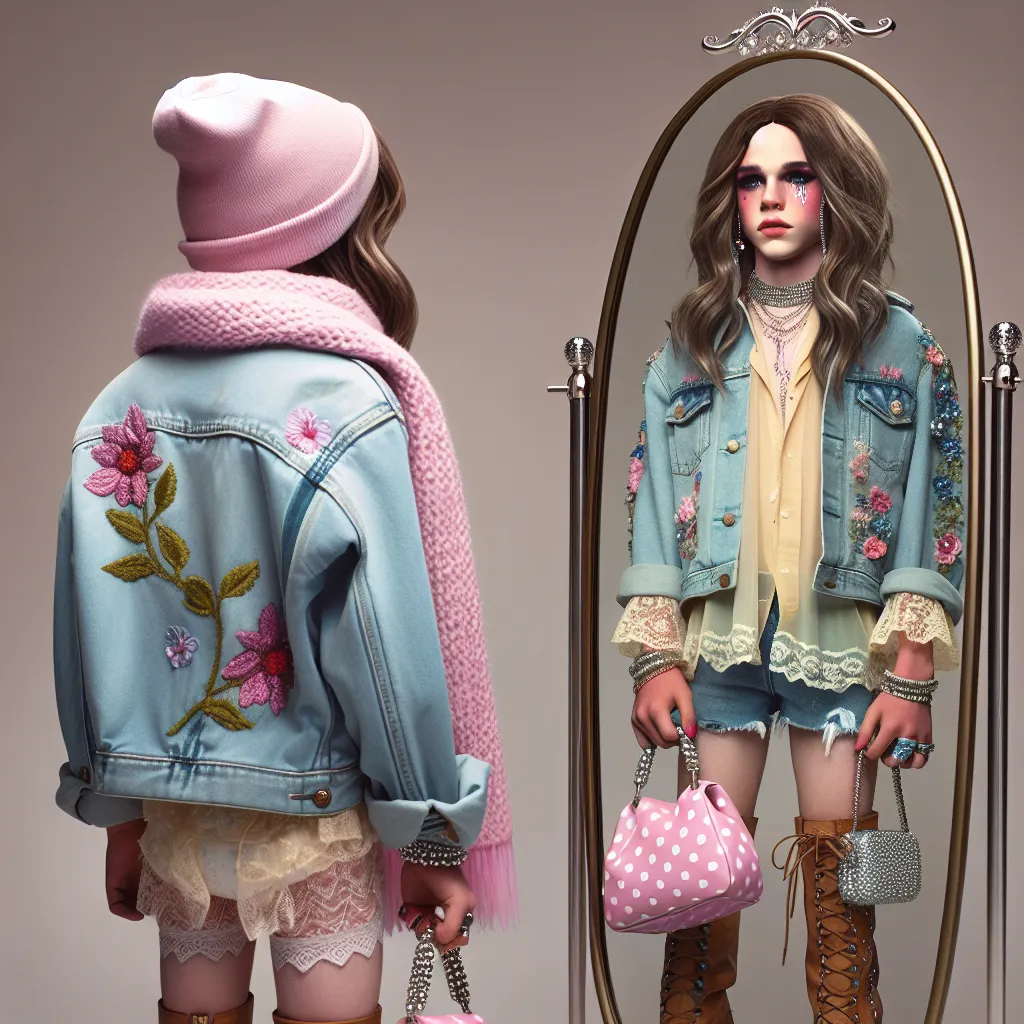 An image of a young boy named Michael, transformed into a woman named Linda, standing in front of a mirror. Linda is wearing feminine clothing, including a pink beanie, a scarf with floral designs, a light blue jacket with embroidered flowers, a pastel yellow shirt with lace cuffs, rhinestone jeans, and high-heeled leather boots. She has long brown hair, painted nails, and is holding a large polka-dotted purse. Tears stream down Linda's face as she gazes at her reflection, coming to terms with h