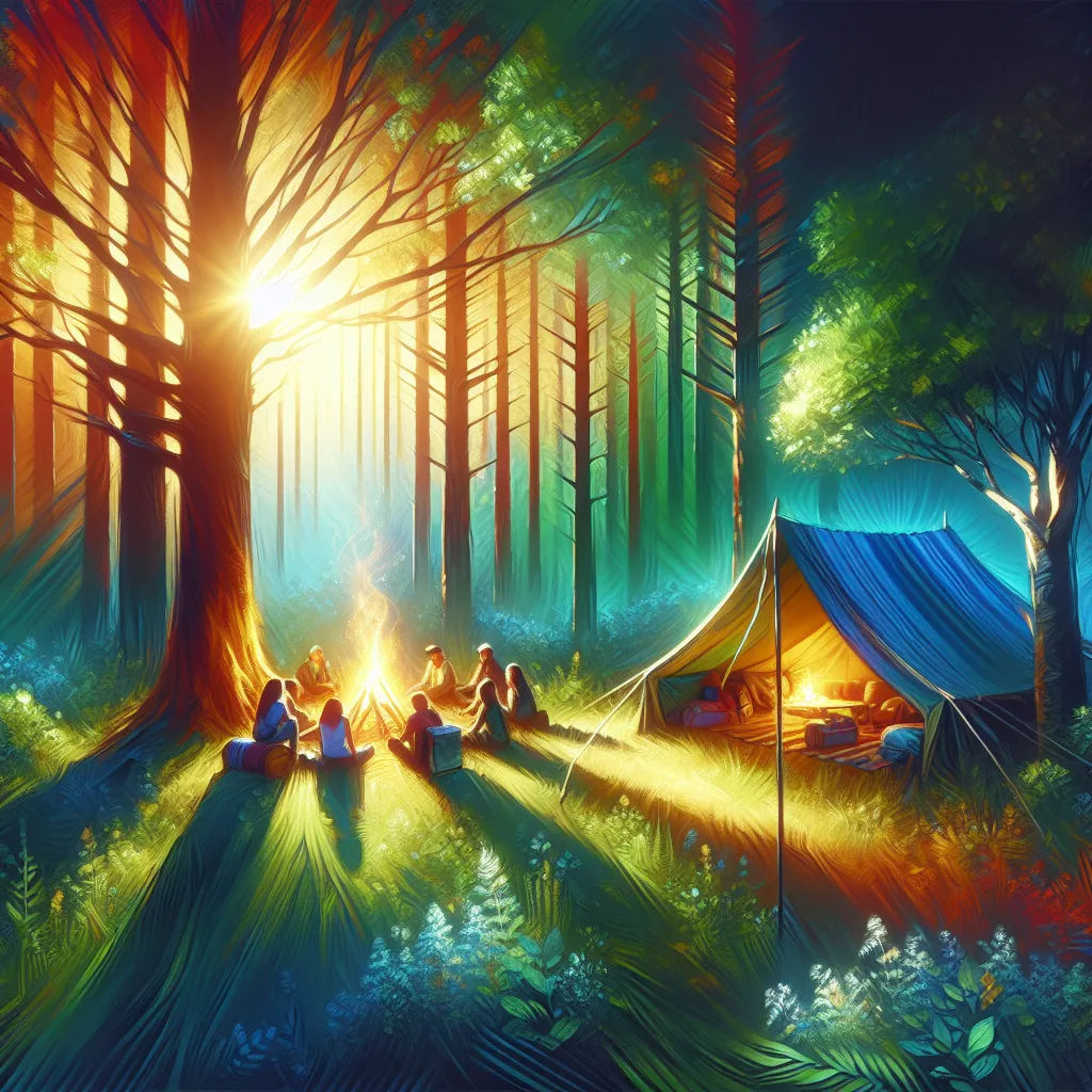 An artistic and vibrant illustration featuring a serene forest clearing bathed in soft sunlight, with a makeshift tent nestled among tall, verdant trees. The tent's entrance is wide open, revealing a cozy interior adorned with blankets and camping gear. Nearby, a crackling campfire emits a warm glow, while a group of friends sits around it, laughing and enjoying each other's company.