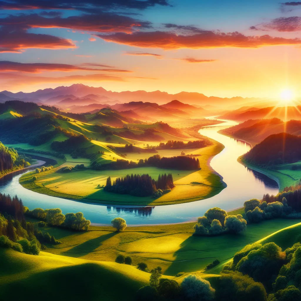 A vibrant land with rolling hills, lush green forests, and a tranquil river flowing through it. The sun sets in the distance, casting a warm glow over the picturesque landscape.