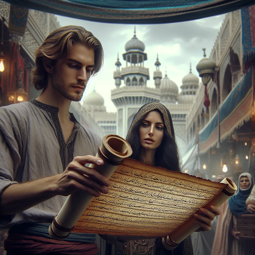 A young man named Eamon holds an ornate scroll in a bustling marketplace. With the help of the sorceress Selene, they decipher the cryptic symbols written in the Elder Script, a language of the Ancients. They embark on a perilous journey to the Alabaster Tower, seeking the power hidden within the scroll to reshape their world.