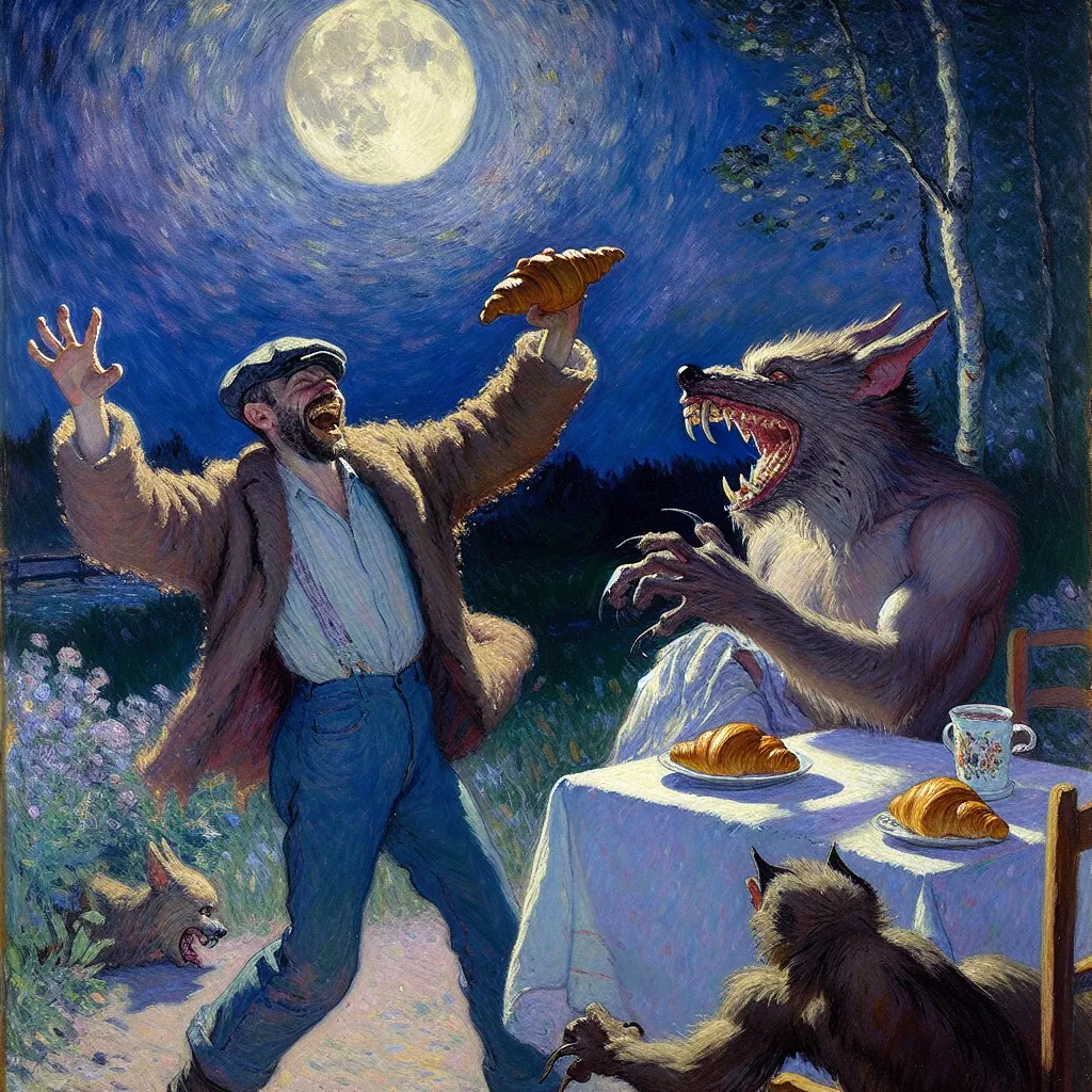 Carl, Transformation, Lycanthrope, Laughter, Croissant in the style of Monet