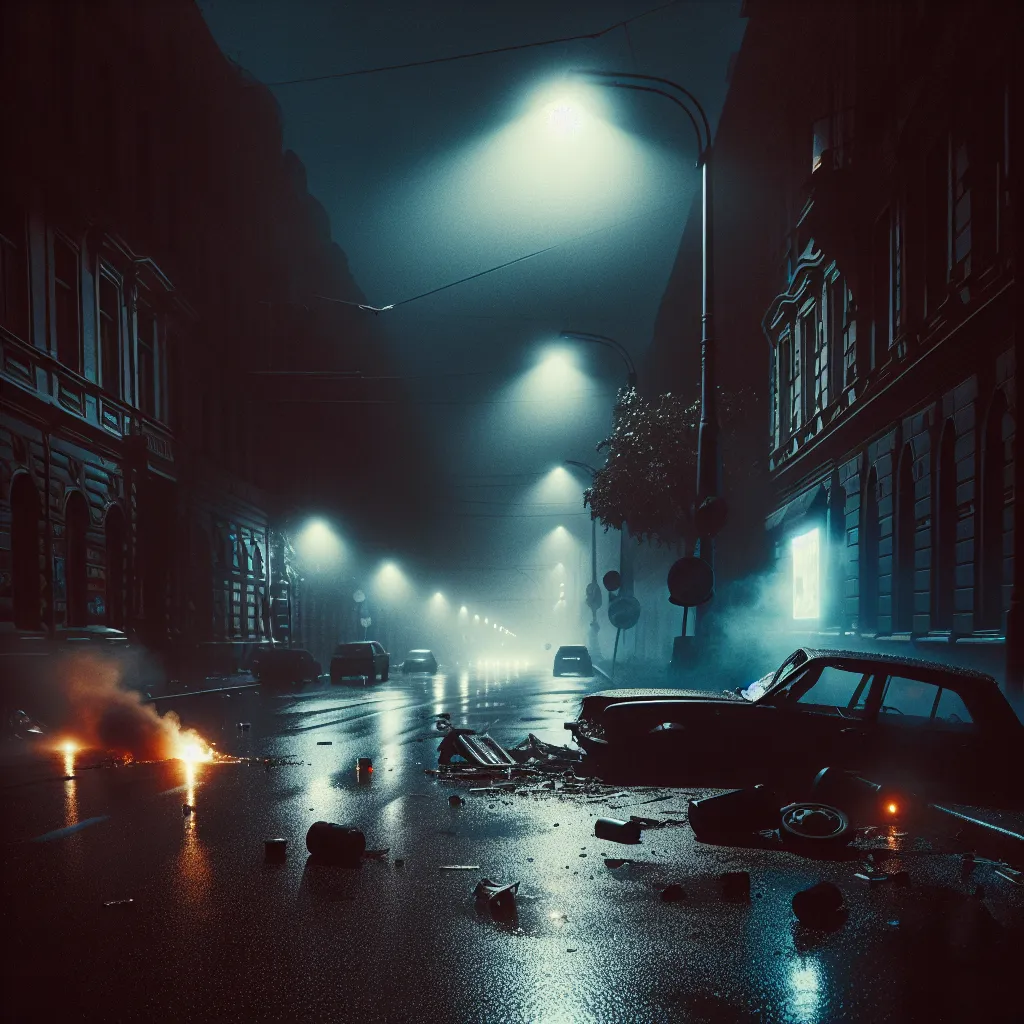 A dark, dimly lit street at night with a crashed car on the side.