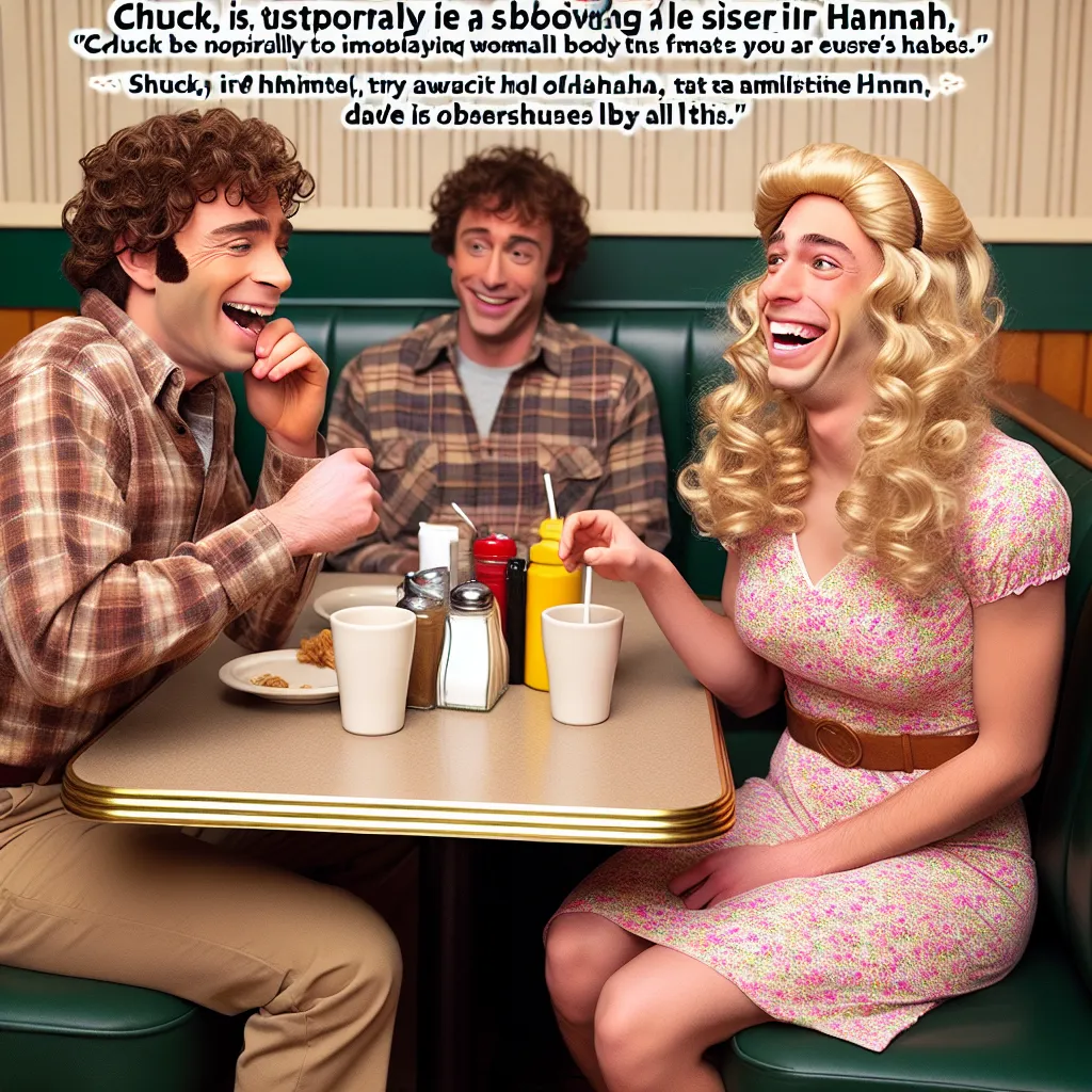 Chuck and Dave laugh together as they sit at a diner table. Chuck, currently occupying his sister Hannah's body, attempts to impersonate her while they enjoy a comical dinner date. The image could depict Chuck, dressed in a floral dress with blonde curls, awkwardly imitating Hannah's mannerisms while Dave watches amusedly.