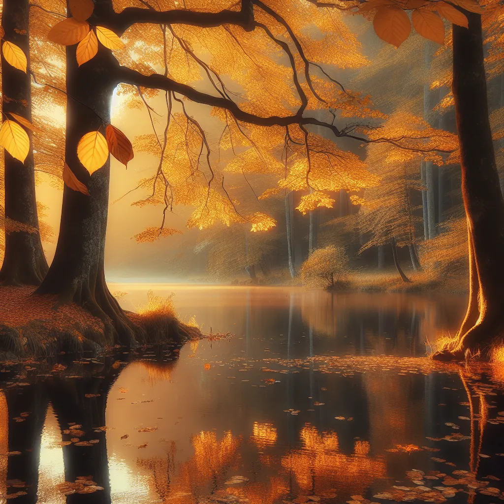 A serene autumn landscape with golden leaves falling gently from trees onto a peaceful pond.