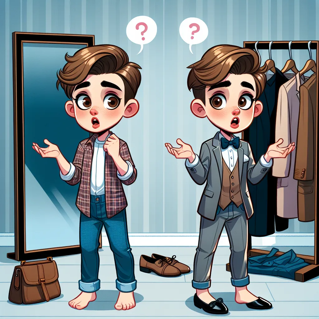 A young boy named Jamie, miraculously transformed into his Aunt Sarah, stands bewildered in her fashionable clothing and stiletto sandals, gazing at his new reflection in the mirror.