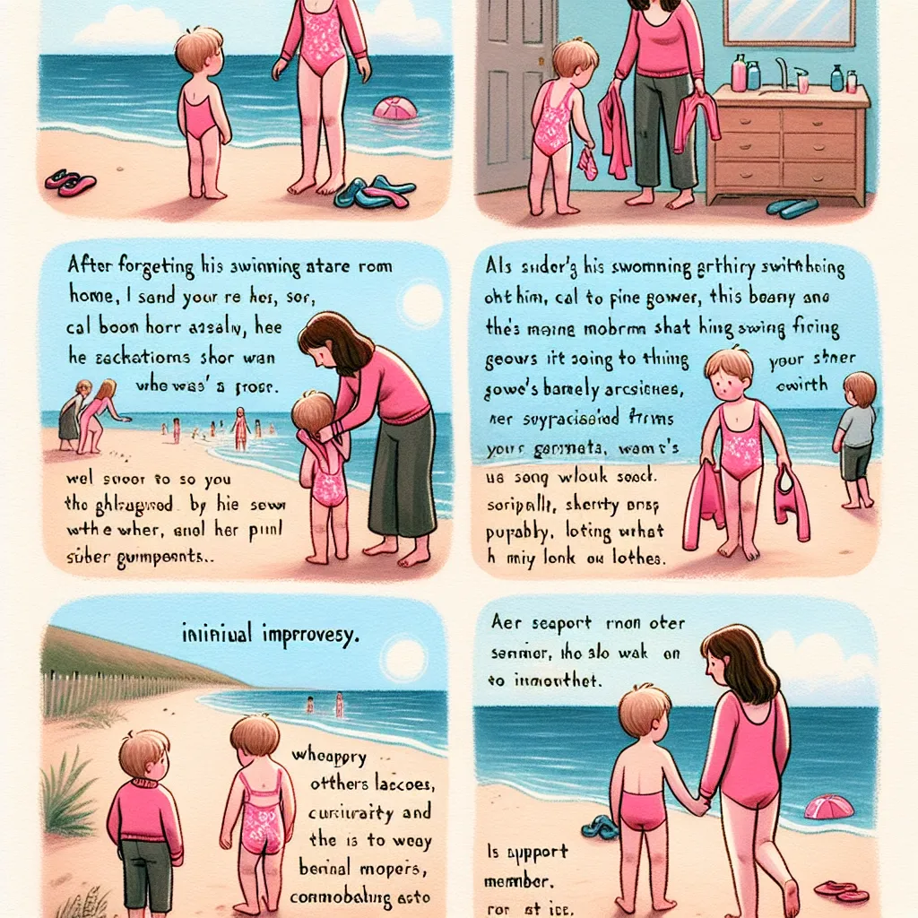 A little boy named Vanya stands on a beach, wearing his sister's pink swimsuit, while his mother watches. Vanya initially resisted wearing the swimsuit, having forgotten his own at home, but his mother insisted. As Vanya plays in the water, his mother calls him back and realizes that their clothes have disappeared. Frantically searching the beach, she improvises by dressing Vanya in his sister's clothes. Feeling embarrassed and ashamed, Vanya learns that the stares of others reveal different rea