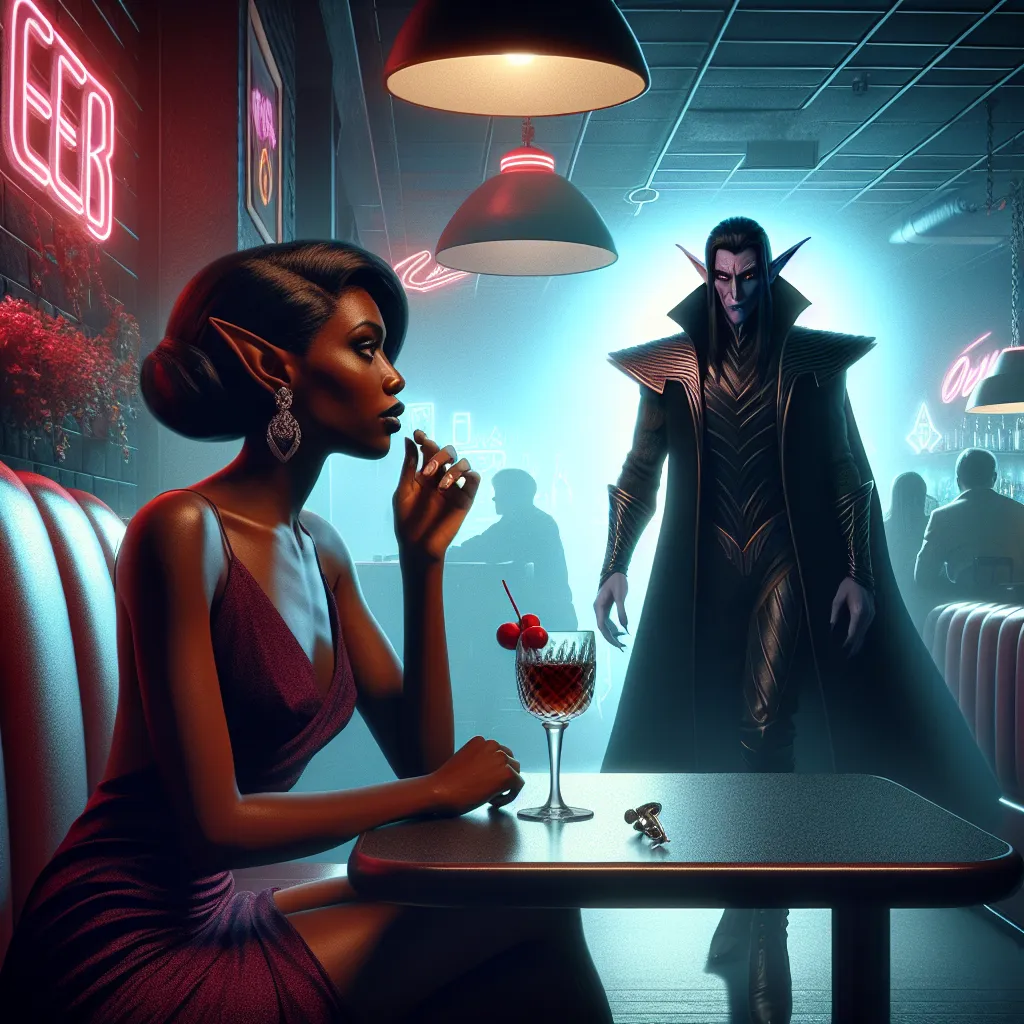A woman sits in a dimly lit nightclub booth, her fingers tapping nervously on a glass as she awaits the arrival of a mysterious stranger. Anticipation and fear mingle as the stranger, an elf, enters the room, his presence imposing and unreadable. The tension between them crackles with the promise of danger and possibility, sparking a long-forgotten sense of excitement within her.