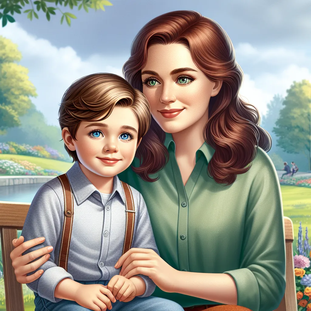 This image will depict a young child, Oliver, standing beside his mother, Charlotte. Oliver has light brown hair, pale blue eyes, and stands at three feet eight inches tall. Charlotte has chestnut hair, deep gray eyes, and stands five feet six inches tall. The scene captures a moment of tenderness between mother and son, highlighting their distinct features and the bond they share.