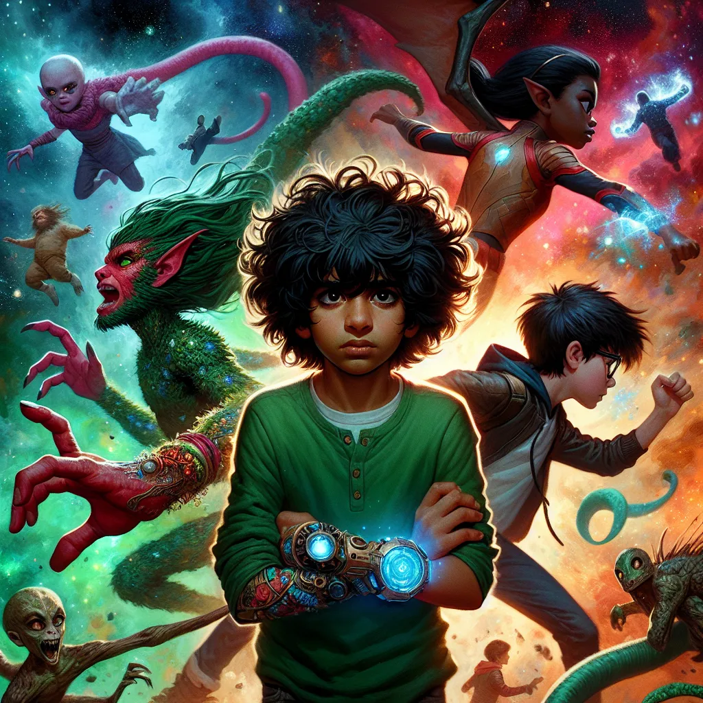 A young boy with unruly curls, wearing a green shirt, stands at the center of a cosmic explosion, his wrist adorned with a powerful device known as the Omnitrix. Surrounding him are various alien forms, each with unique abilities. In the background, a teenage girl with magical powers assists him in battle. Together, they confront a formidable enemy, forging a bond that transcends friendship and blossoms into something more.