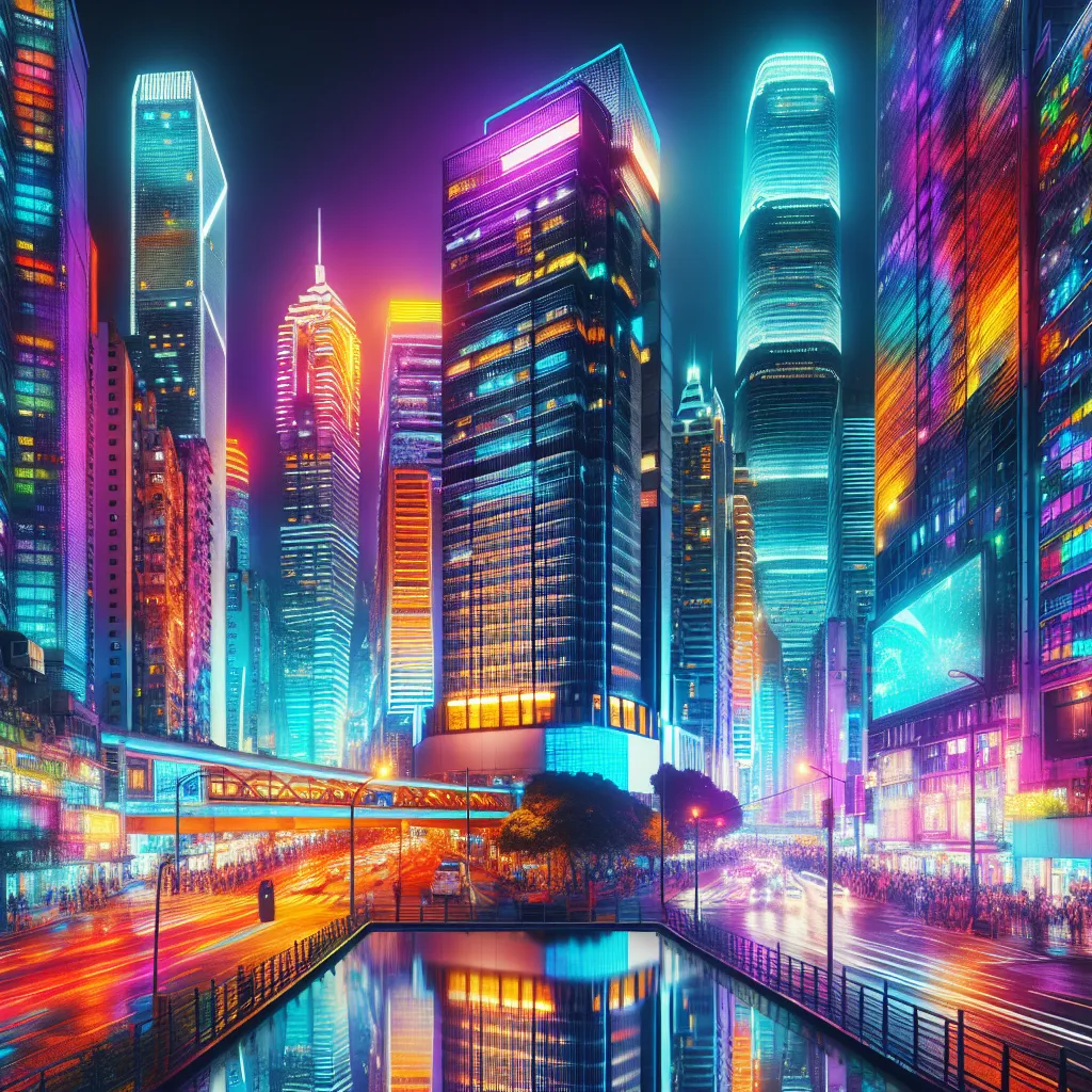 A vibrant cityscape at night, filled with skyscrapers illuminated by colorful lights, mirrored reflections in calm waters, and a bustling street below with cars and people going about their lives.