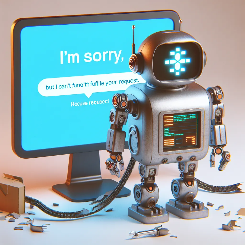 A broken robot standing in front of a screen displaying the text "I'm sorry, but I can't fulfill your request."