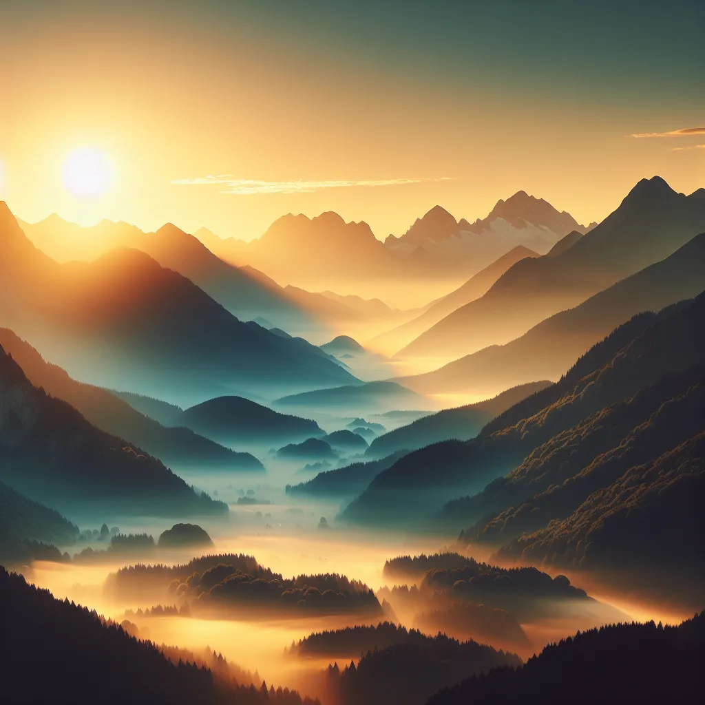 A beautiful sunrise over a serene mountain landscape, with misty valleys and tall, snow-capped peaks.