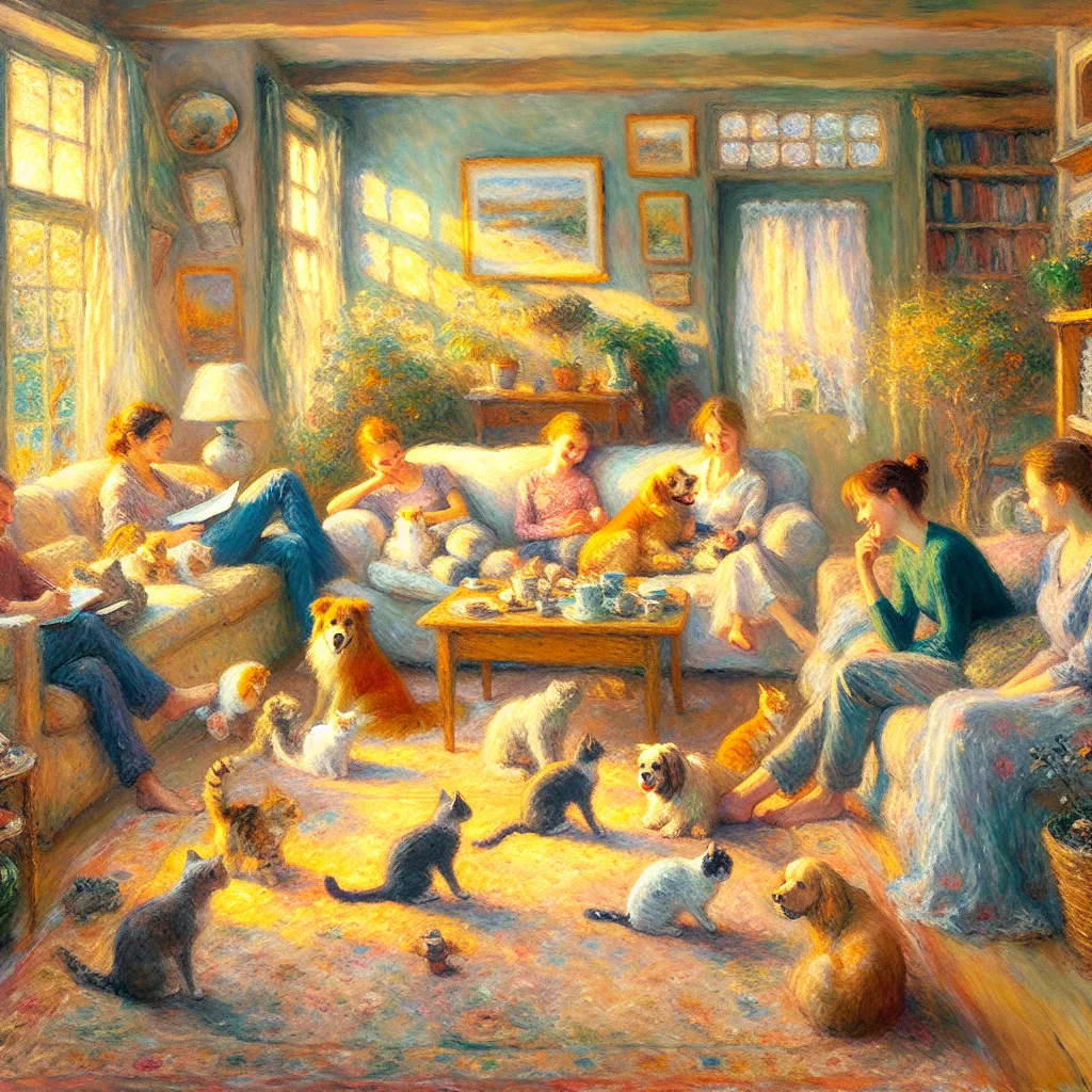 Pets, Roommates, Friendship, Communication, Respect in the style of Monet