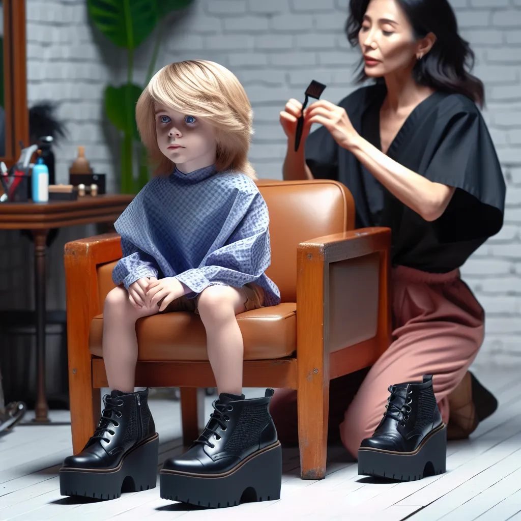 An image of a young boy named Jack, with blond hair and blue eyes, sitting in a barber shop. Beside him, a Korean woman named Mi-cha is cutting his hair, while a pair of platform sandals rests on the ground. The scene captures a pivotal moment where their bodies are magically switched, conveying the beginning of Jack's unexpected journey in Mi-cha's body.