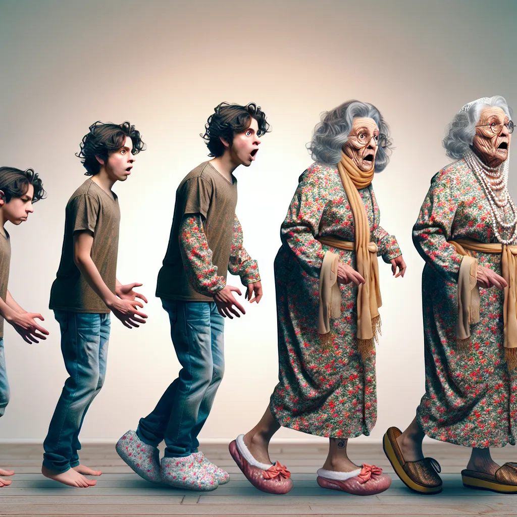 An image showing a young boy, Carlino Casagrande, undergoing a magical transformation into his grandmother, Rosa Casagrande. The transformation phases include changes in his feet, legs, torso, chest, arms, hands, head, hair, and face, culminating in him fully embodying Rosa Casagrande, complete with her signature floral house dress, house slippers, head scarf, and pearl necklace. The scene captures the shock and confusion of this involuntary change as Carlino becomes Rosa, calling out to his fam