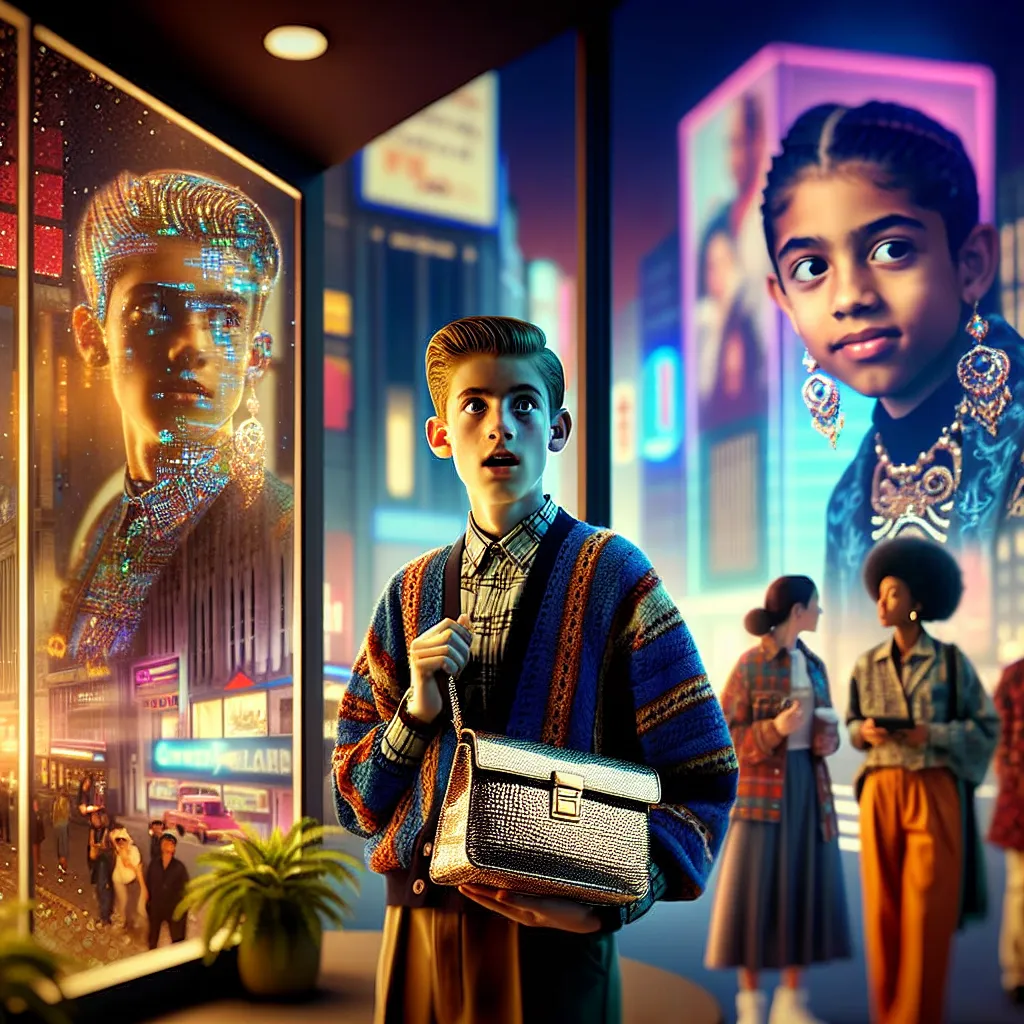 The image accompanying this story depicts a 13-year-old boy named Ethan in a moment of shock and confusion, realizing he has transformed into a stylish young woman named Alondra. The scene captures Ethan's panic as he clutches a shimmering mini bag and looks at his reflection in a dark glass window, with Alondra's image staring back at him. The background showcases a vibrant city at night, with neon lights and a group of fashionable young Latina women looking on curiously.