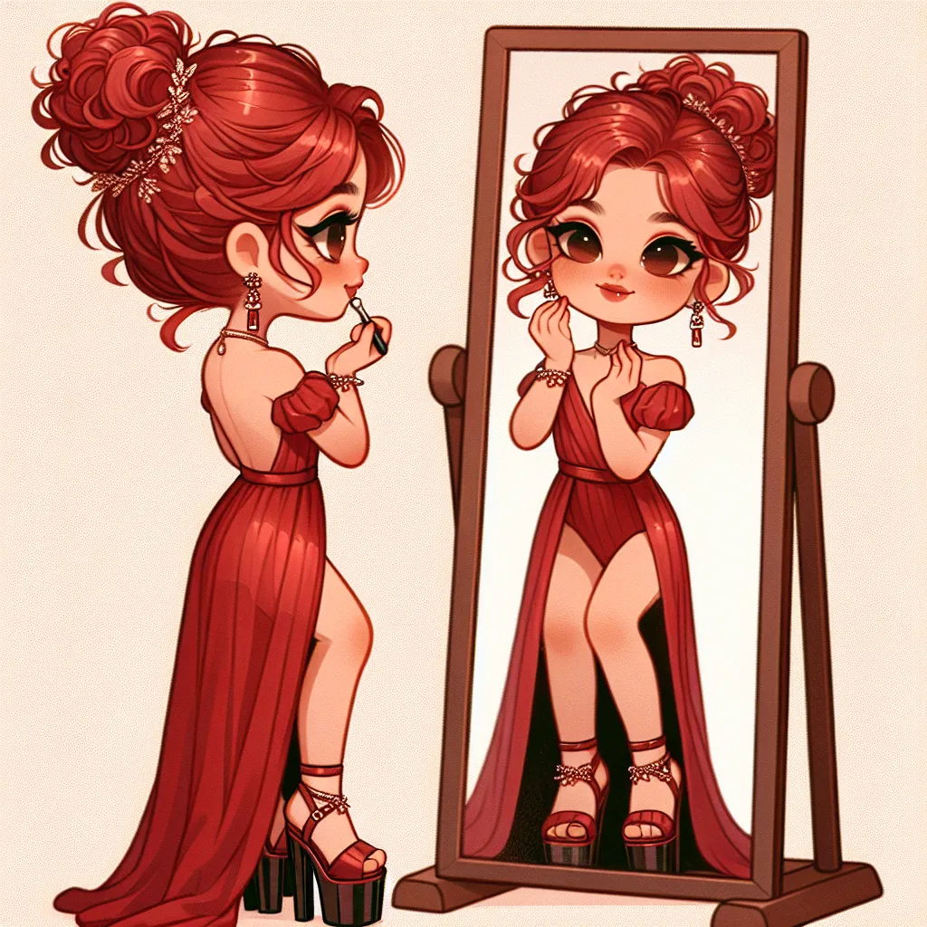A young girl named Linda, dressed in an elegant red outfit, stands in front of a mirror, admiring herself. She wears platform sandals, delicate jewelry, and her hair styled in a beautiful red curly updo. Linda looks confident and sophisticated as she finishes applying makeup.