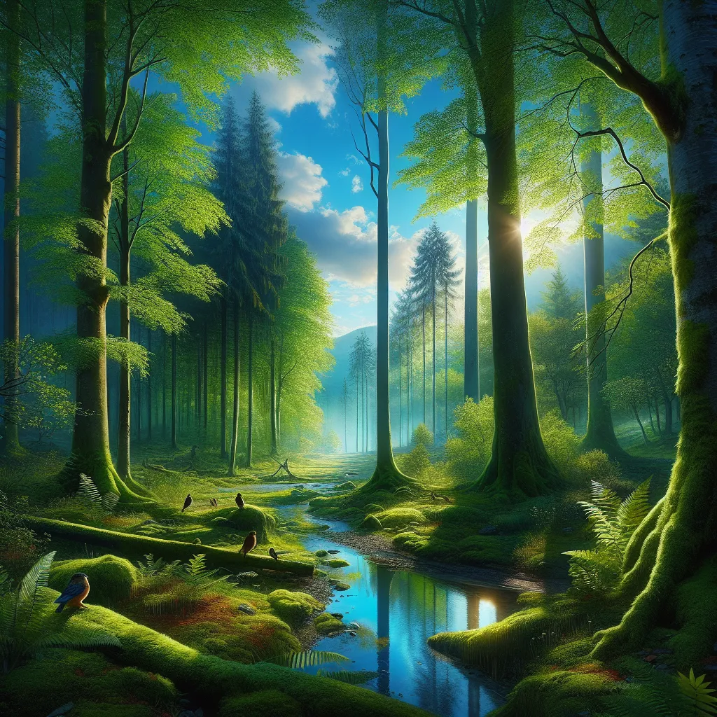 A serene forest scene with tall, green trees standing tall against a vibrant blue sky. Sunlight filters through the foliage, casting a soft glow on the moss-covered ground. Birds perch on branches, filling the air with melodious songs. A peaceful stream winds its way through the forest, reflecting the surrounding beauty.