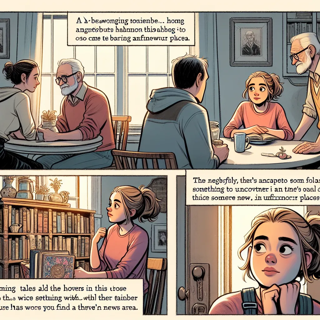 A teenage girl named Riley sits alone at the breakfast table, her parents trying to engage with her. However, their morning is interrupted by a visit from their kind elderly neighbor, Mrs. Tanaka, who brings a gift. As they converse, Riley's interest is piqued when Mrs. Tanaka mentions places to explore in their new neighborhood. Reluctantly, Riley agrees to join her parents in their exploration and they stumble upon a charming old bookstore. There, Riley meets Mr. Whithers, who offers her wise 