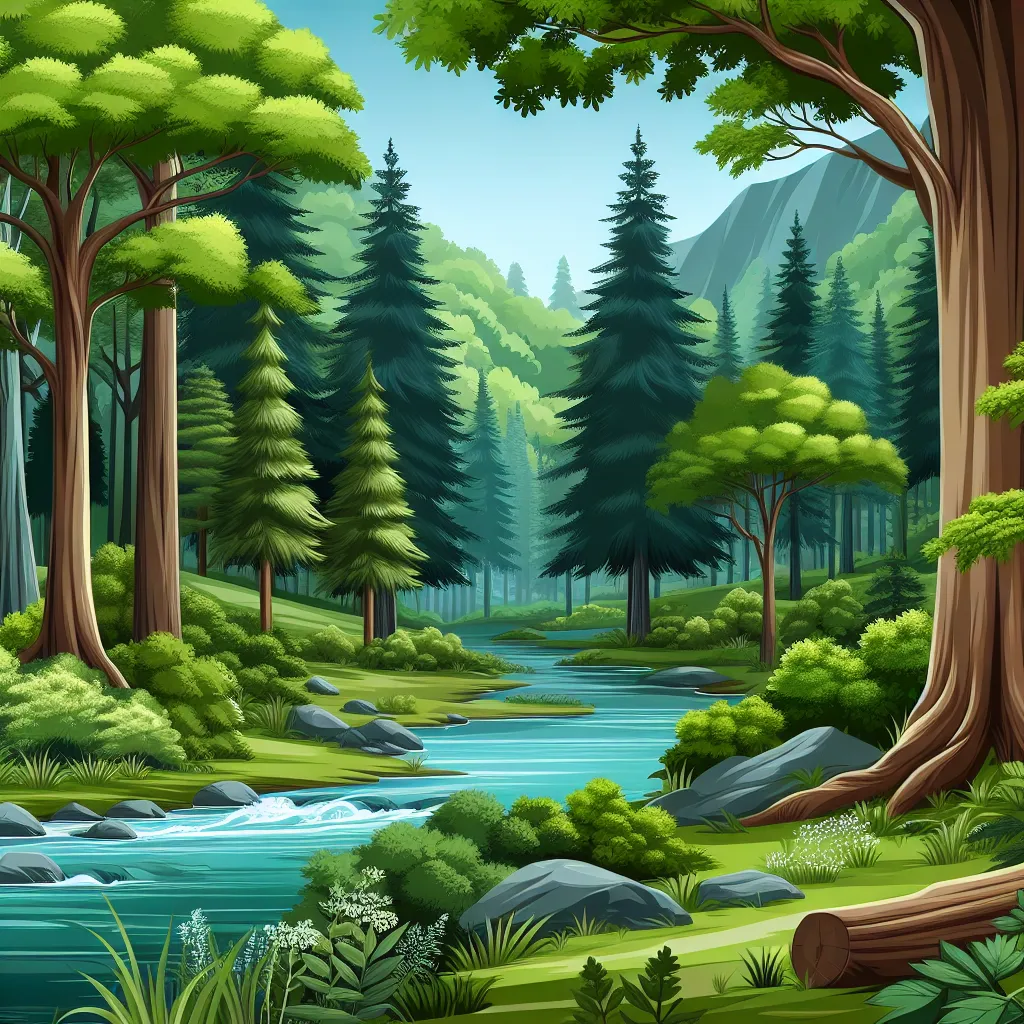 A serene and scenic forest landscape with tall, majestic trees surrounded by lush greenery and a gentle flowing river.