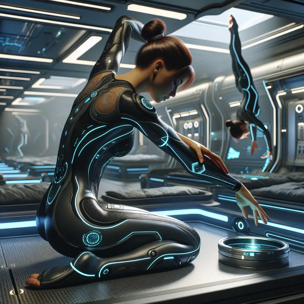 In a sleek, futuristic dorm, Nova Ardent prepares for Zero-G Gymnastics training. She carefully puts on her high-tech gymnastics leotard, a marvel of nanotechnology that adjusts to her body, regulates temperature, and enhances her senses. As she floats gracefully through the air, the sensors in her suit provide real-time feedback on her form. After the intense session, she struggles to remove the sweaty leotard, but feels a sense of satisfaction and anticipation for the upcoming Interstellar Gam