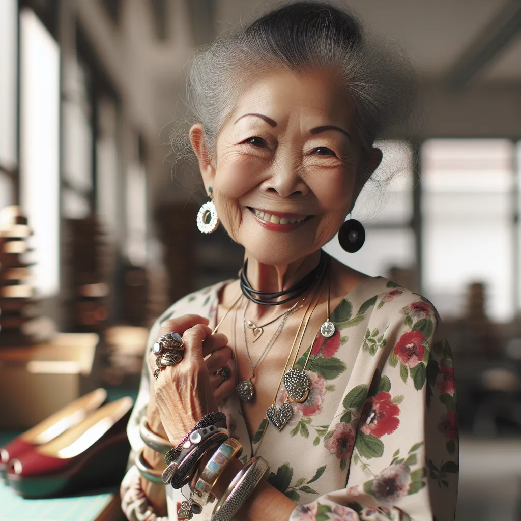 A woman with a gentle smile stands in her salon, wearing a floral blouse and platform sandals. Her eyes sparkle with contentment as she goes about her duties, taking pride in her work. The image captures her petite frame, her vibrant personality, and the ten pieces of jewelry she wears, each with its own story. The sunlight streams through the windows, illuminating her serene expression. This image represents Mira Kim, a woman who has embraced her Korean heritage and found fulfillment in her sma