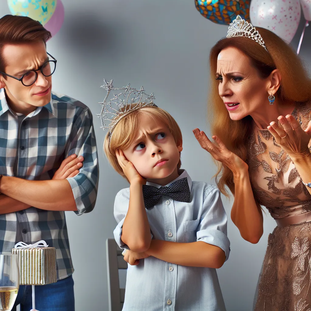 An image of a seven-year-old boy named Timothy standing next to his mother, Sarah, and their family friend, Linda, who is dressed up for a birthday celebration. Timothy appears confused and frustrated as he suddenly finds himself in Linda's body, wearing her outfit and accessories. Sarah is seen scolding Linda, mistaking Timothy for her, while Linda's husband stands by. The image captures the emotional tension and confusion in the scene.