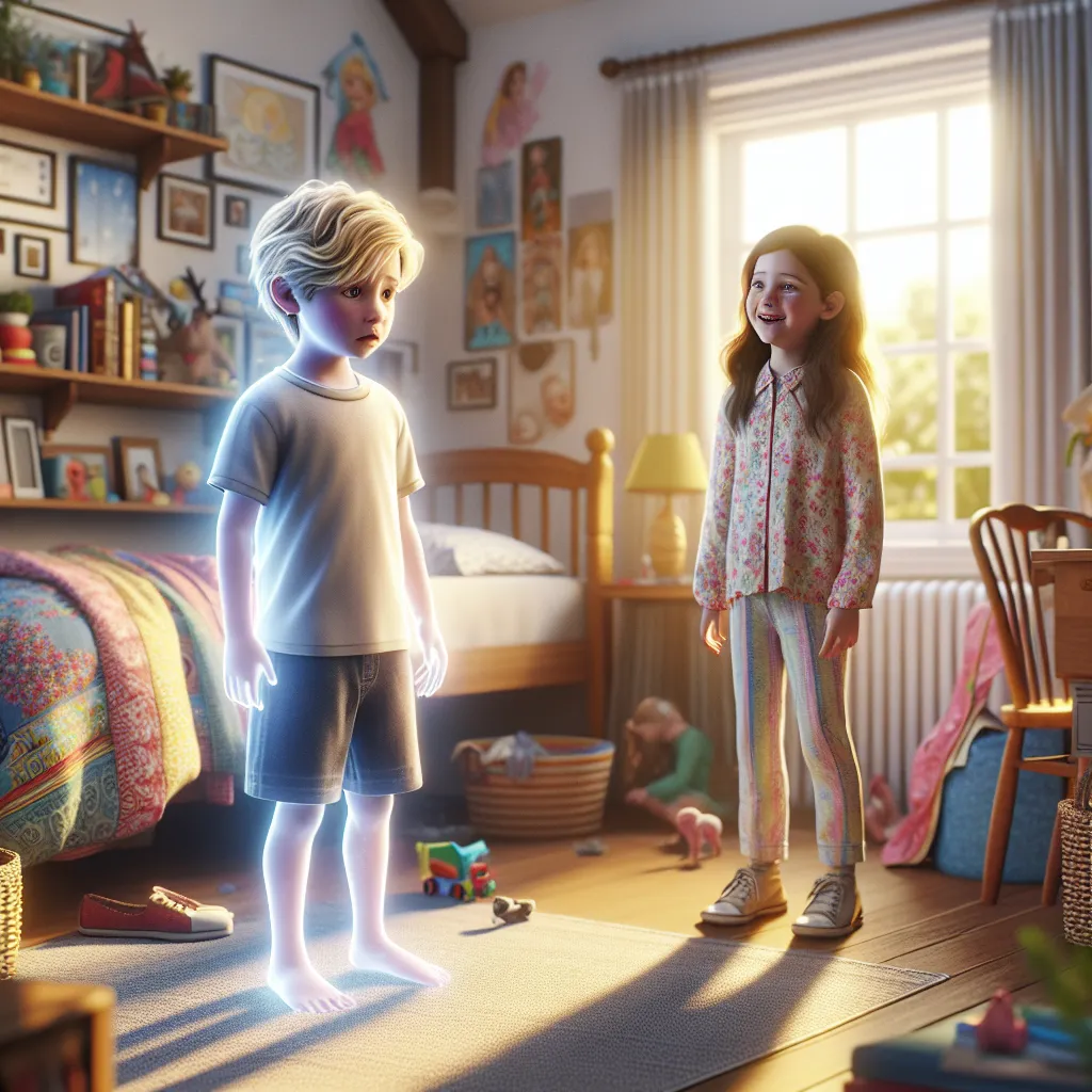 The image will show a young blonde boy named Arthur Jameson, 4 years old, looking perplexed as he gazes at his translucent hands and body in his bedroom. In the background, his older sister Madison is seen playing dress-up in their mother's high heels and jewelry, unaware of Arthur's strange predicament. The scene captures a moment of magic and transformation within a cozy family home.