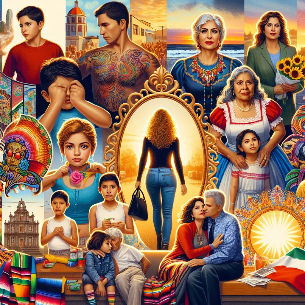 A collage of various images representing transformation, identity, and personal growth. It includes images of a young boy, a chubby Mexican mom, a family photo, a mirror, colorful clothing, a purse, a necklace, a church, and a sun setting over a town.