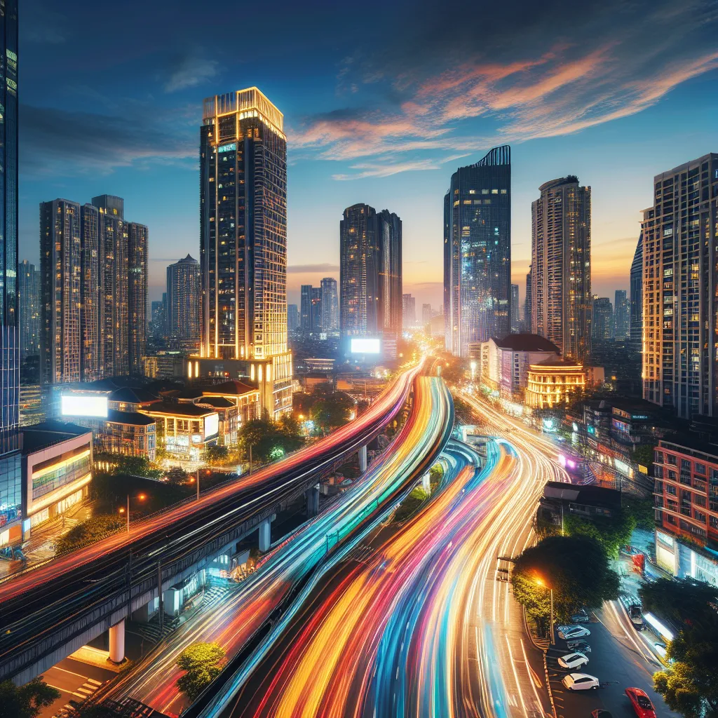 A brightly lit cityscape at dusk featuring modern high-rise buildings, bustling streets, and colorful streaks of light from passing vehicles.